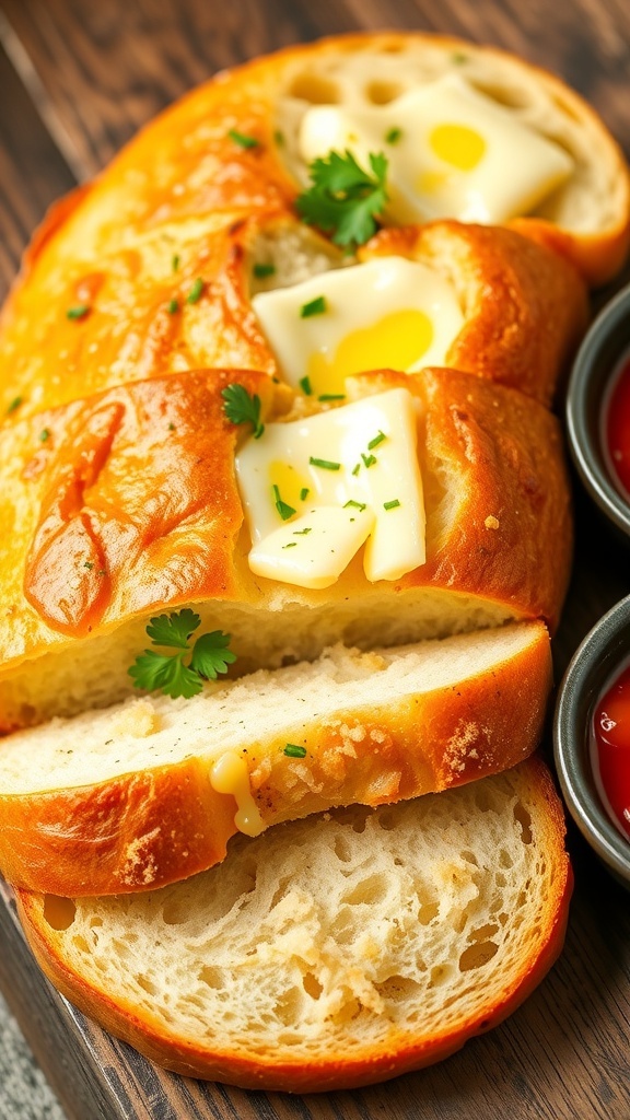 Golden brown garlic bread sliced and garnished with parsley, served with marinara sauce on a rustic table.